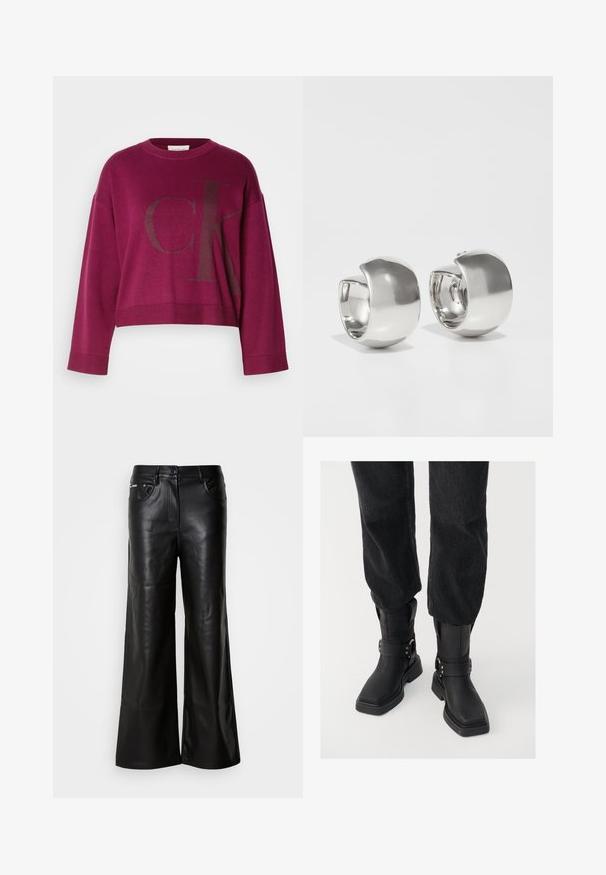 Bordeaux cropped sweater med lange ærmer, der har et stort mørkegrå 'CK' logo på forsiden og ribbede manchetter. Blødt strikket stof.; Sorte læder bukser med bredde ben og en glat tekstur, der har en frontknaplukning, to sidelommer og minimale syninger.; Sorte læder ankelstøvler med firkantet tå, der har en bred rem og metallisk spænde detalje. Støvlerne har en chunky sål og en glat overflade.; Uncommon Matters SCULPTURAL LARGE CREOLE - Øreringe - silver-coloured
