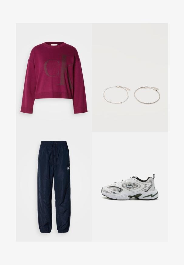 Bordeauxfarbener, kurz geschnittener Pullover mit langen Ärmeln, der auf der Vorderseite ein großes, dunkelgraues 'CK'-Logo und gerippte Bündchen aufweist. Weiches Strickmaterial.; Marineblaue Windbreaker-Hosen aus glänzendem synthetischem Material, mit elastischem Bund und Zugband, mit Bündchen an den Säumen und Logo-Akzent.; Weiße Sportschuhe mit Netzpanelen, schwarzen Akzenten und einer strukturierten Sohle. Sie bieten ein schlankes Design und ein auffälliges Logo an der Seite.; Zwei filigrane Silberarmbänder nebeneinander, eines mit kleinen Perlen und das andere mit einer dünnen gewebten Kette, beide mit Karabinerverschlüssen und Anhängern.