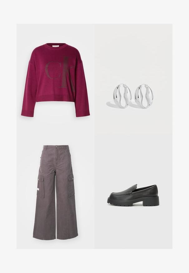 Pull court bordeaux à manches longues, arborant un grand logo 'CK' gris foncé sur le devant et des poignets côtelés. Tissu tricoté doux.; Pantalons cargo larges gris en fabric robuste, dotés de quatre grandes poches, d'une fermeture à bouton à l'avant et d'une coupe décontractée.; Mocassins en cuir noir avec un bout arrondi, une semelle épaisse et texturée, et des détails de couture minimalistes. Design épuré sans lacets ni métal visibles.; Paire de boucles d'oreilles anneaux argentés brillants avec un design torsadé et ondulé, présentée sur un fond clair uni.