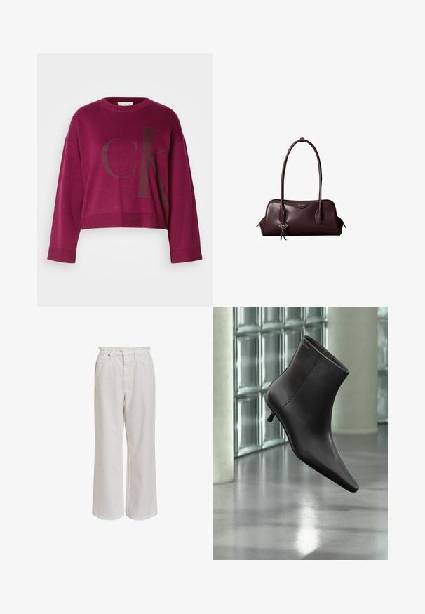 Bordeaux cropped sweater med lange ærmer, der har et stort mørkegrå 'CK' logo på forsiden og ribbede manchetter. Blødt strikket stof.; Hvide bukser med brede ben, der har en flæse waistband, forlommer og en glat, blød tekstur. Fremstillet af letvægts bomuldsstof.; Sort læderankelstøvle med spids tå og lille hæl vist mod en væg af glasblokke og poleret gulv baggrund.; Mørkebrun lædertaske fra Calvin Klein med lange dobbelte håndtag og en lille logohængende ved det ene håndtag.
