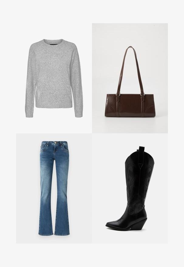 Grå strikket sweater med lange ærmer, rund hals og ribbede manchetter. Har en glat tekstur og en let løs pasform.; Udsvingende denim jeans i medium blå med kontrastsyet, fem lommer og en klassisk knap- og lynlåslukning.; Sort læder cowboystøvle med spidst tåparti, skråt blokhælhæl, dekorative sømme og trækstropper øverst mod hvid baggrund.; Brun lakeret håndtaske med rektangulær form, to lange håndtag og subtile buede detaljer på fronten.