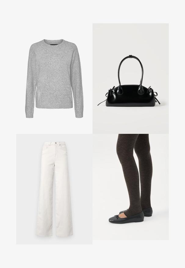 Pull en tricot gris avec des manches longues, col rond et poignets côtelés. Présente une texture lisse et une coupe légèrement ample.; ONLY Tall ONLHOPE GLOBAL HIGH WAIST WIDE - Pantalon classique - pumice stone; Jambes portant des leggings côtelés foncés associés à des ballerines noires avec de petits détails en nœud sur fond blanc.; Petit sac à main noir brillant avec deux longues anses et des détails à cordon sur les côtés sur un fond clair uni.
