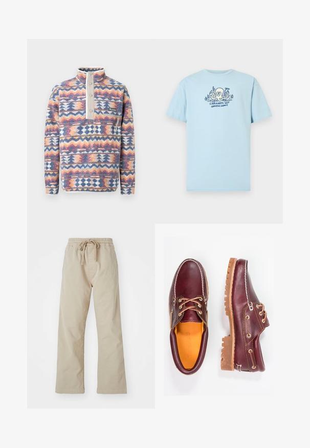 Langærmet fleecetrøje med farverige geometriske mønstre, trykknapper foran, høj krave, lynlåslomme på brystet og elastiske manchetter.; Lyseblå bomuld T-shirt med et grafisk print af en blæksprutte og teksten "CARHARTT WIP GRAPHIC WORKS" i mørkeblå. Korte ærmer, rund hals.; Beige bomuldsbukser med elastisk talje og snoretræk. Lige ben-design, glat stof og ingen synlige mønstre eller detaljer.; Bordeaux lædersko med brune gummisåler, rund tå, hvid syning og gyldne snøringer. Indersiden har et gult for.