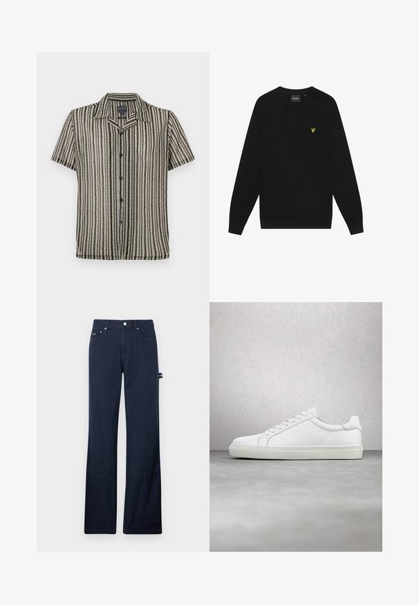 Zwarte katoenen sweatshirt met lange mouwen en een ronde hals. Voorzien van een klein geel adelaarslogo op de borst. Zachte textuur.; Korte mouwen button-up shirt met een gestreept patroon in zachte tonen van beige, zwart en grijs. Heeft een kampkraag en een relaxte pasvorm.; Navyblauwe katoenen broek met rechte pijpen, voorzien van voorzakken, stikseldetails en een zijlus voor het bevestigen van gereedschap.; Witte sneaker met een gladlederen bovenwerk en een laag profiel. Voorzien van een ronde neus, zes vetergaatjes en een gestructureerde rubberen zool.
