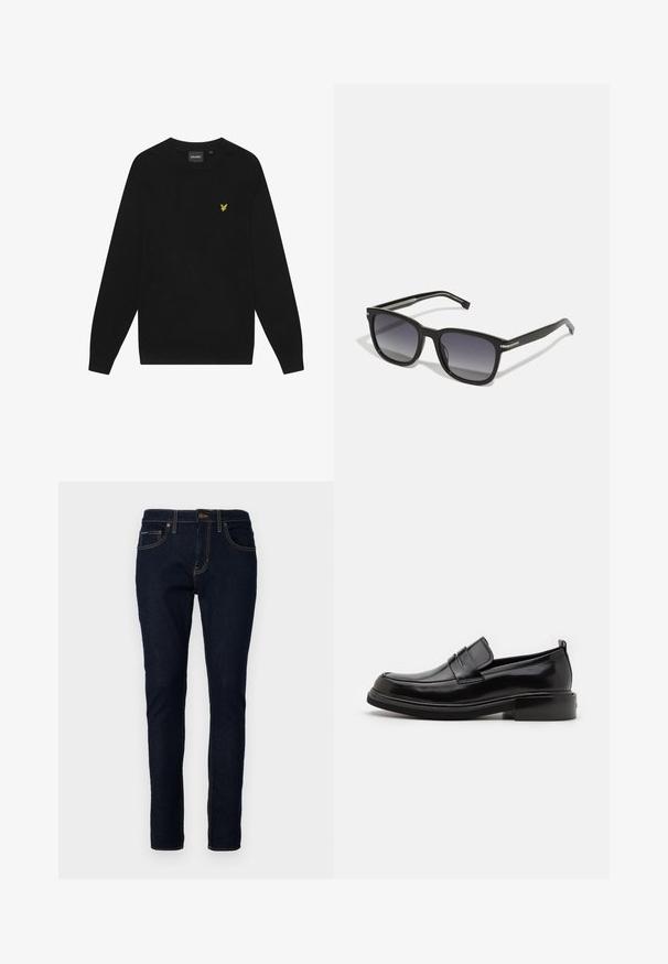Zwarte katoenen sweatshirt met lange mouwen en een ronde hals. Voorzien van een klein geel adelaarslogo op de borst. Zachte textuur.; Donkerblauwe denim jeans met een slim fit, voorzien van stiksel details, vijf zakken en een knoopsluiting bij de taille.; Calvin Klein MOCCASIN - Zakelijke loafers - black; BOSS Zonnebril - black