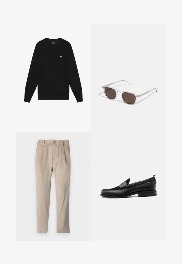 Sort bomulds sweatshirts med lange ærmer og rund hals. Har et lille gult ørnelogo på brystet. Blød tekstur.; Beige kordfløjspants med elastisk talje, knaplukning og plisseelementer, har et lige ben-design og struktureret stof.; Sort læderloafer med grå remdetalje, lav hæl og tekstureret sål, mærket med "HUGO" i guld på siden.; Klare plastik solbriller med rektangulære brune linser, med tynde, transparente stænger og metal accenter på templerne.