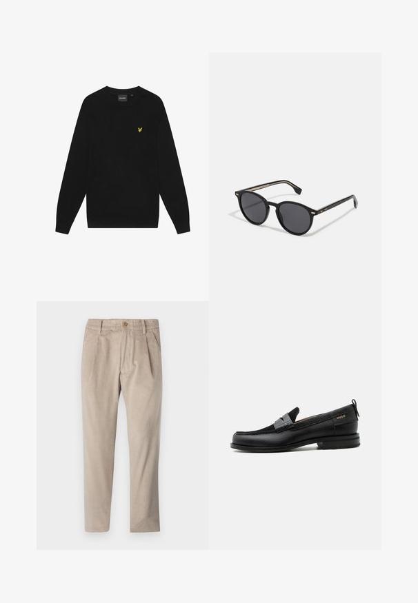 Sort bomulds sweatshirts med lange ærmer og rund hals. Har et lille gult ørnelogo på brystet. Blød tekstur.; Beige kordfløjspants med elastisk talje, knaplukning og plisseelementer, har et lige ben-design og struktureret stof.; Sort læderloafer med grå remdetalje, lav hæl og tekstureret sål, mærket med "HUGO" i guld på siden.; BOSS Solbriller - black