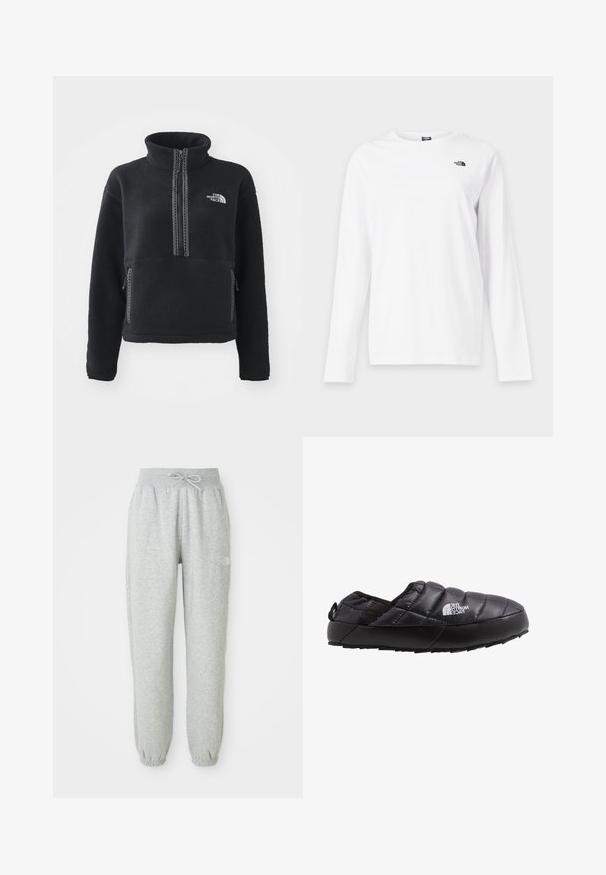 Sort fleecepullover med høj krave, kvartlynlås, frontlomme og kontrastsyninger. Har The North Face-logo på brystet.; Hvid langærmet T-shirt med rund hals og lille sort The North Face-logo på venstre bryst.; Grå sweatpants med elastisk talje og snøre. Stoffet er blødt, og de har elastiske manchetter ved anklerne samt et logoaccent.; Sort isoleret slip-on sko med quiltet overdel, gummisål og strukturel detaljering. Har en hæltrækstrop og branding på siden.