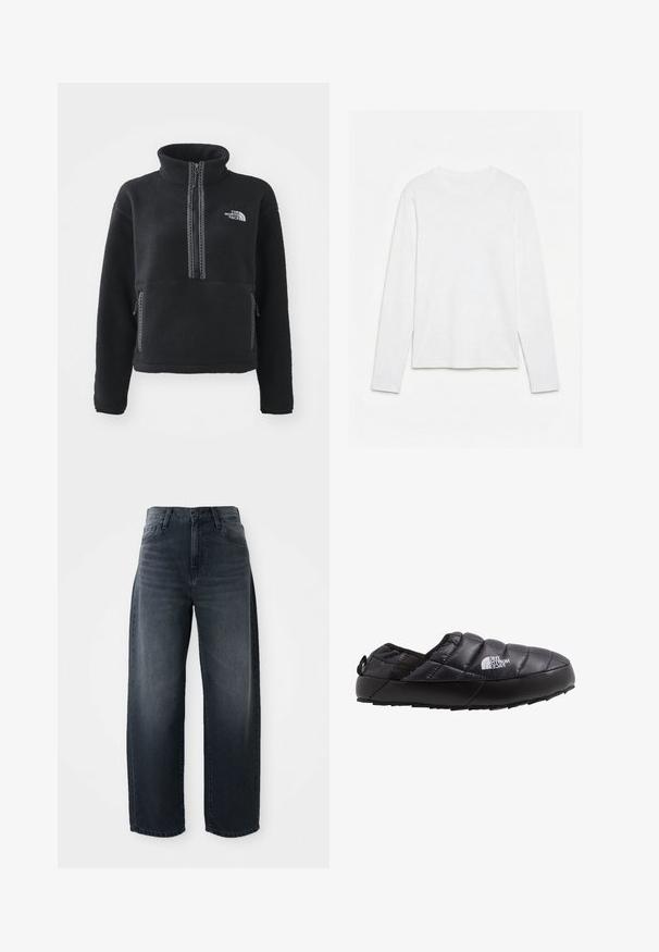 Zwarte fleece trui met hoge kraag, kwart rits, borstzak en contrasterende stiksels. Voorzien van het The North Face-logo op de borst.; Effen wit, langarmig shirt met ronde hals, plat neerligt op een witte ondergrond, waarbij de voorkant en de volledige mouwlengte zichtbaar zijn.; Wijd gesneden jeans in een donkere denimwas, met een hoge taille, klassieke knoop- en ritssluiting en subtiele vervaging aan de voorkant.; Zwarte geïsoleerde instapschoen met een gewatteerde bovenkant, rubberen zool en textuurdetails. Voorzien van een hiel trekhaak en merknaam aan de zijkant.