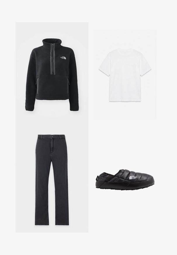 Schwarzer Fleece-Pullover mit hohem Kragen, Viertel-Reißverschluss, Fronttasche und kontrastierenden Nähten. Mit The North Face-Logo auf der Brust.; Schlichtes weißes T-Shirt mit kurzen Ärmeln und Rundhalsausschnitt, flach auf weißem Hintergrund liegend.; Schwarze Jeans mit geradem Bein, vorderem Knopf- und Reißverschluss, Gürtelschlaufen und klassischem Fünf-Taschen-Design, flach auf weißem Hintergrund liegend.; Schwarze isolierte Slipperschuh mit gestepptem Obermaterial, Gummisohle und strukturierten Details. Verfügt über eine Zuglasche an der Ferse und Branding an der Seite.