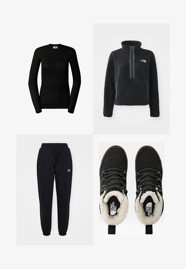 Zwarte fleece trui met hoge kraag, kwart rits, borstzak en contrasterende stiksels. Voorzien van het The North Face-logo op de borst.; The North Face W EASY L/S CREW NECK - Longsleeve - tnf black; Zwarte joggingsbroek met elastische tailleband en boorden, trekkoord, zijzakken en een klein wit The North Face-logo op de rechterdij.; Zwarte waterdichte enkellaarsjes met een faux fur voering, textuurovereenkomst, wit en zwart gestreepte veters, en een trekhaak bij de hiel.