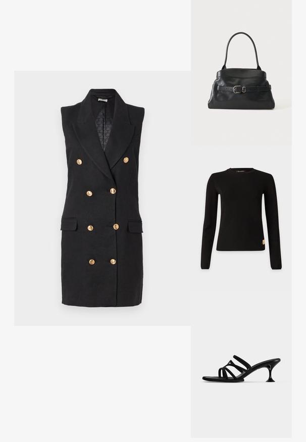 Musta pitkähihainen vartalonmyötäinen pusero, jossa pyöreä kaulus ja pieni beigen värinen Armani Exchange -etiketti alahelman lähellä valkoisella taustalla.; Musta ilmanhihoilla bleiserimekko pellavasta, jossa on kaksinkertaiset kultaiset napit, huippukaulukset ja etutaskut. Vuorattu sisustus, jossa on logokuosi.; Mustat remmillä varustetut mule-sandaalit, joissa neljä ohutta remmiä ja levenevä pieni korko vaalealla yksivärisellä taustalla.; Musta nahkainen käsilaukku, jossa on yksittäinen olkahihna ja koristeellinen vyö hopeisella soljella edessä.