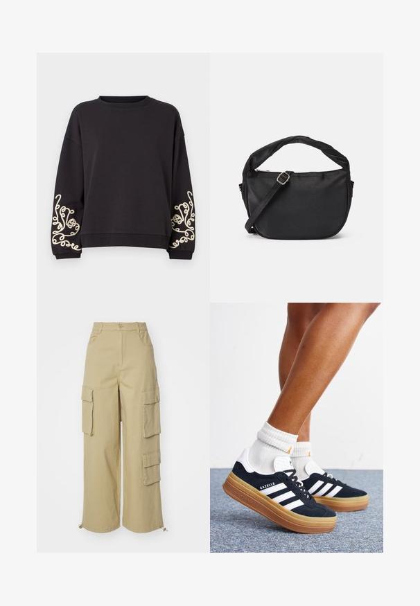 Sudadera negra de manga larga y con un escote redondeado. Presenta un intrincado bordado en crema en ambos puños. Textura de tela suave.; Pantalones cargo beige con piernas anchas, dos bolsillos laterales grandes, bolsillos frontales y un detalle de cordón en el dobladillo. Tejido de mezcla de algodón.; Piernas con calcetines blancos y zapatillas Adidas Gazelle negras con rayas blancas y suelas marrones gruesas sobre un suelo alfombrado gris.; Bolso de hombro de tela negra con un asa retorcida, una correa desmontable y un cierre superior con cremallera. Textura suave y diseño minimalista.