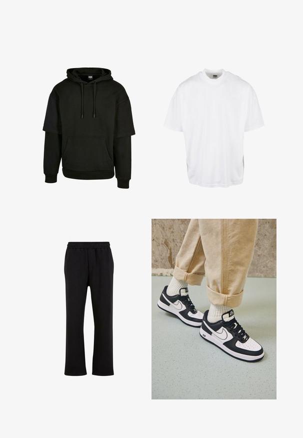 Sort hættegang med kengurulomme, snørrestropper i hætten og korte ærmer med udvidede designelementer. Fremstillet af blødt, tekstureret stof.; Hvid bomulds T-shirt med en afslappet pasform, korte ærmer og rund halsudskæring, med en lige kant og ingen synlige grafikker eller mønstre.; Urban Classics Træningsbukser - black; Sorte og hvide Nike Air Force 1 sneakers med læderoverdel, perforeret tå og tekstureret såldetalje, båret med rullede beige bukser og hvide sokker.