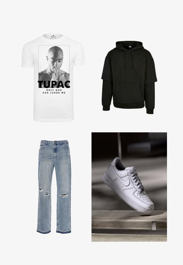 Haut à capuche noir avec poche kangourou, cordon de serrage, et manches courtes avec des éléments de design étendus. Fabriqué en tissu doux et texturé.; T-shirt en coton blanc présentant un graphisme noir et blanc d'un homme joignant les mains en prière, avec le texte "TUPAC" et "SEUL DIEU PEUT ME JUGER."; Jeans en denim bleu clair usé avec une coupe droite, deux déchirures aux genoux et un léger dégradé sur le tissu.; La basket Nike Air Force 1 en cuir blanc présente un embout perforé, des lacets plats et une semelle en caoutchouc texturée avec le logo « AIR » sur le côté.