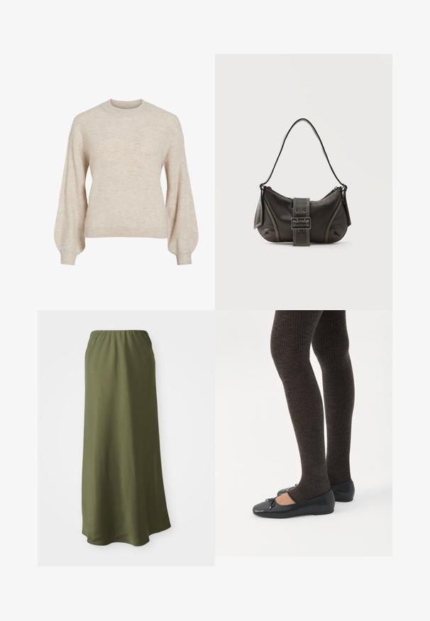 Jersey beige acanalado con cuello redondo alto y mangas abullonadas. Tejido texturizado con apariencia suave. Corte clásico, sin adornos visibles.; Falda verde oliva, de longitud hasta el tobillo, hecha de una tela suave con cintura elástica; textura lisa y un diseño sencillo y fluido.; Piernas con leggings oscuros acanalados combinados con bailarinas negras que presentan pequeños detalles de lazo sobre un fondo blanco.; Bolso de hombro de cuero negro con detalle de correa con hebilla, bordes curvos y costuras blancas en contraste sobre un fondo liso.