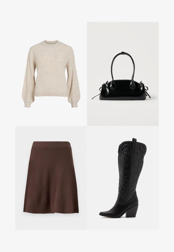 Beige ribstrikket sweater med høj rund hals og ballonærmer. Tekstureret stof med et blødt udseende. Klassisk pasform, ingen synlige pynt.; Brun A-formet nederdel med elastisk talje, glat strik tekstur og let svaj i kanten mod en ensfarvet lys baggrund.; Sorte knæhøje støvler i læder med spids snude og lagdelt hæl. Har dekorative syninger og buede designelementer.; Lille sort blank håndtaske med to lange håndtag og snøre-detaljer i siden på en ensfarvet lys baggrund.