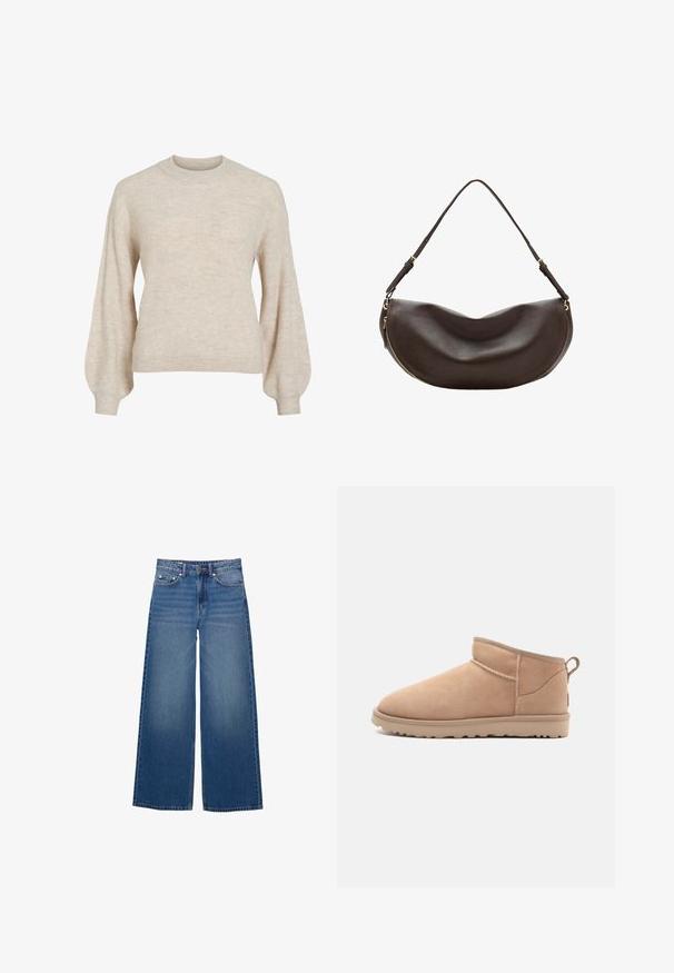 Pull beige côtelé avec un col rond haut et des manches bouffantes. Tissu texturé avec une apparence douce. Coupe classique, sans ornements visibles.; Jean en denim à jambes larges, de couleur bleu moyen, avec une taille haute, un design à cinq poches et des détails cousus le long des coutures.; Botte de cheville en daim beige avec un bout arrondi, une texture douce, un design simple et une semelle en caoutchouc à profil bas. Dispose d'une languette à l'arrière.; Sac à bandoulière en cuir marron foncé avec une forme courbée, une sangle réglable et une fermeture éclair dorée le long du bord inférieur.