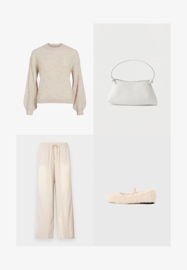 Beige ribstrikket sweater med høj rund hals og ballonærmer. Tekstureret stof med et blødt udseende. Klassisk pasform, ingen synlige pynt.; Beige løstsiddende bukser med elastisk taljebånd og frontsnørre, lige ben, vist mod en ensartet lys baggrund.; Luftig, cremefarvet hjemmesko med en blød tekstur, rund tå, minimalistisk design og en lille stofsløjfe på bagsiden for nem påtagning.; Hvid fletlæderhåndtaske med afrundet håndtag og ender på remmen, der er knyttet, vist mod en ensfarvet baggrund.