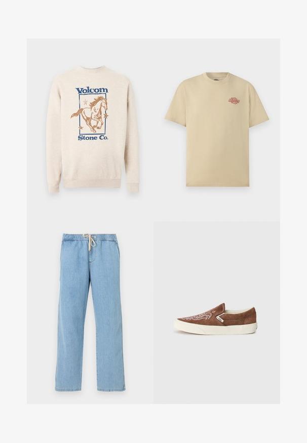 Μπεζ φούτερ με μπλε κείμενο "Volcom Stone Co.", με ένα καφέ άλογο που τρέχει περιτριγυρισμένο από τρία αστέρια μέσα σε ορθογώνιο πλαίσιο.; Μπεζ κοντομάνικο μπλουζάκι με στρογγυλή λαιμόκοψη και μικρό κόκκινο λογότυπο «Dickies» στο αριστερό μέρος του στήθους.; Ανοιχτό μπλε παντελόνι από τζιν με ελαστική μέση και μπεζ κορδόνι, ίσια γραμμή, δύο πλαϊνές τσέπες, επίπεδο σε λευκό φόντο.; Vans CLASSIC SLIP ON UNISEX - Αθλητικά παπούτσια - potting soil/marshmallow