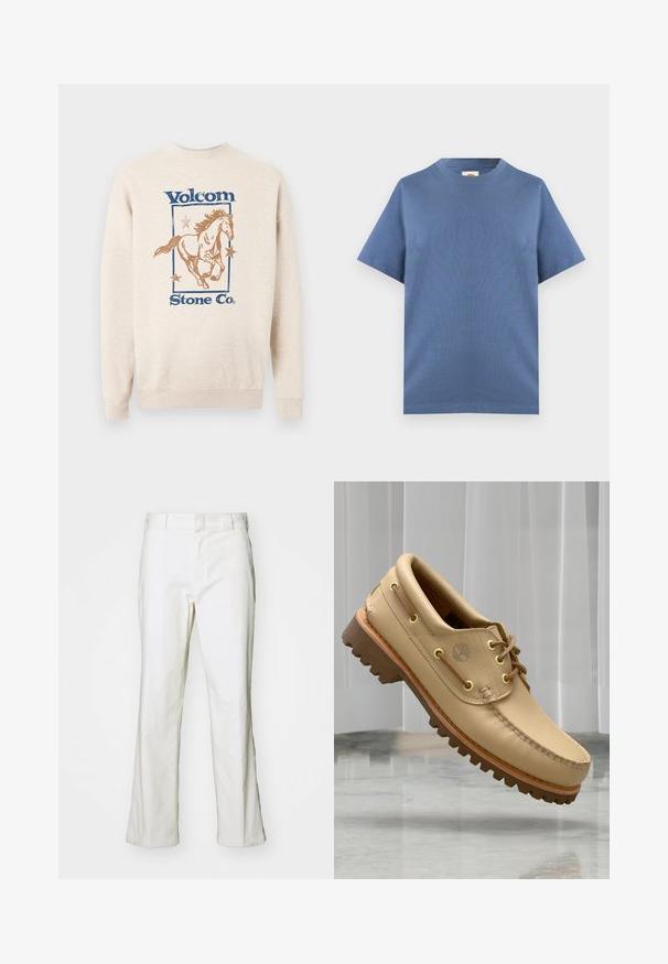 Sweatshirt beige avec texte bleu "Volcom Stone Co.", présentant un cheval au galop marron entouré de trois étoiles à l'intérieur d'un cadre rectangulaire.; T-shirt uni à manches courtes et col rond en bleu doux, présenté à plat sur un fond gris clair.; Pantalons en coton blanc avec une coupe droite, dotés d'une taille et de poches standard. Le tissu semble lisse et légèrement texturé.; Chaussure bateau en cuir marron clair avec semelle épaisse et striée et détails de lacets, flottant au-dessus d'un sol en marbre et d'un fond de stores verticaux blancs.