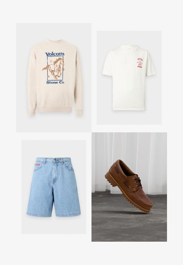 Sweatshirt beige avec texte bleu "Volcom Stone Co.", présentant un cheval au galop marron entouré de trois étoiles à l'intérieur d'un cadre rectangulaire.; T-shirt blanc à manches courtes avec petit motif rouge et texte "Blood Stone" sur la partie gauche de la poitrine.; Short en denim bleu clair avec fermeture avant par bouton et zip, passants de ceinture et poches avant, présenté sur un fond uni.; Chaussure de bateau en cuir marron avec des lacets noirs, des coutures beiges et une semelle robuste, suspendue au-dessus d'un sol en béton gris.