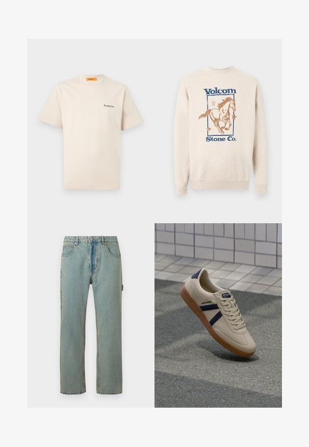 Beež pusa sinise "Volcom Stone Co." kirjaga, millel on pruun jooksva hobuse pilt, ümbritsetud kolmest tähest risttahukaga raamis.; Replay Inc. ESSENTIAL LOGO UNISEX - Lihtne T-särk - ivory; Heledad sinine, vaba lõikega teksapükse viie taskuga, nupuluku ja nähtava õmblusega. Kanga värv on pleekinud ja tekstuurne.; Bežist sneaker, millel on tekstureeritud viimistlus, tumesinised triibud ja kummi tald. Omab pehmendustega keelt ja traditsioonilist nööpimissüsteemi kindla istuvuse tagamiseks.