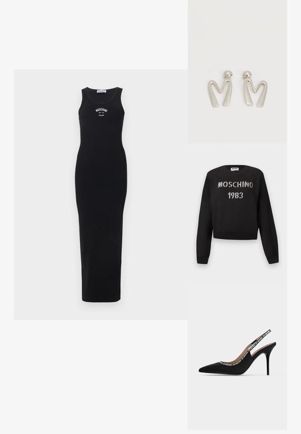 Μαύρο φούτερ Moschino με ριμπ μανσέτες και τελείωμα, με άσπρο κείμενο "MOSCHINO 1983" σε στυλ στένσιλ στο μπροστινό μέρος.; Μαύρο αμάνικο μακρύ εφαρμοστό φόρεμα με στρογγυλή λαιμόκοψη και λευκό λογότυπο "Moschino Jeans 86-23" στο στήθος.; Μαύρο γυναικείο παπούτσι με ανοιχτή φτέρνα, λεπτό στιλέτο τακούνι και μυτερή μύτη, με το κείμενο "LOVE MOSCHINO" στο λουράκι και την άκρη.; Ζευγάρι ασημί μεταλλικά σκουλαρίκια σε σχήμα γωνιώδους γράμματος Μ με στρογγυλεμένους ακροδέκτες σε λευκό φόντο.