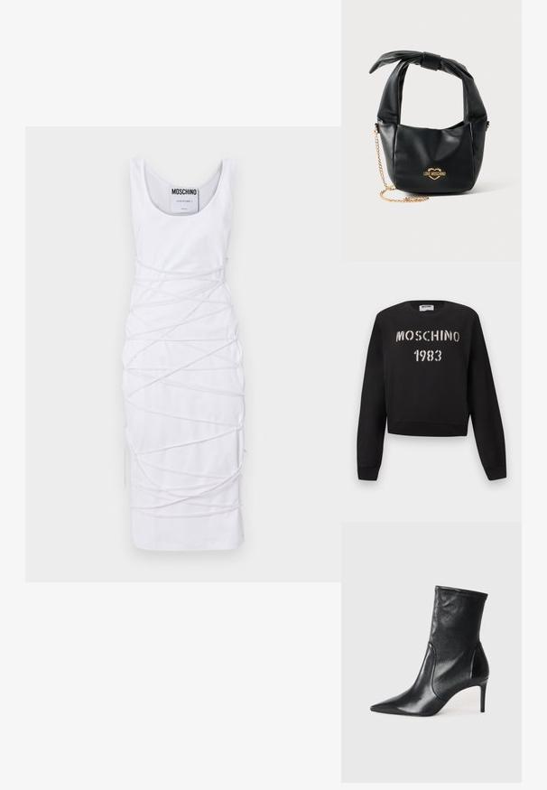 Zwarte Moschino-trui met geribbelde manchetten en zoom, voorzien van witte stencilstijl "MOSCHINO 1983" tekst op de voorkant.; Witte mouwloze jurk met een ronde halslijn, kenmerkend door een uniek ontwerp van gedraaide stofaccenten en zijopeningen voor extra detail.; Zwarte enkelboots van soepel leer, met een spitse neus, een aangesloten schacht en een slanke hoge hak. Minimalistisch ontwerp zonder zichtbare hardware.; Zwarte zachte leren Love Moschino handtas met geknoopt handvat en gouden kettingriem op een witte achtergrond.