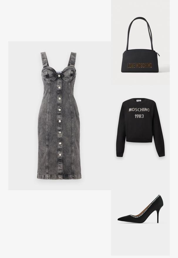Μαύρο φούτερ Moschino με ριμπ μανσέτες και τελείωμα, με άσπρο κείμενο "MOSCHINO 1983" σε στυλ στένσιλ στο μπροστινό μέρος.; Φόρεμα τζιν, μαύρη πλύση, εφαρμοστή γραμμή, κορσέ τοπ, φαρδιές τιράντες, κλείσιμο με κουμπιά μπροστά και κατακόρυφες ραφές. Λεπτή υφή με ελαφριά ελαστικότητα.; Μαύρο μυτερό ψηλοτάκουνο παπούτσι με τακούνι στιλέτο και διακόσμηση κειμένου "LOVE MOSCHINO" κατά μήκος της άκρης του ανοίγματος, πλευρική όψη σε λευκό φόντο.; Μαύρη ορθογώνια τσάντα χειρός με δύο λεπτές λαβές και χρυσά γράμματα "LOVE MOSCHINO" στο μπροστινό μέρος, σε απλό ανοιχτό φόντο.