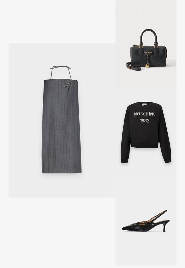 Čierna mikina Moschino s rebrovanými manžetami a lemom, s bielym nápisom „MOSCHINO 1983“ v šablónovom štýle na prednej strane.; Sivý pruhovaný predný záster s rovný strihom, vybavený krčným popruhom a dekoratívnym akcentom v podobe papierovej sponky na prednej strane. Hladká textúra látky.; Čierna kožená slingback obuv so špicatou špičkou, nízkym kitten podpätkom a zlatou prackou vpredu.; Čierna kabelka Love Moschino s dvojitými rúčkami, odnímateľným popruhom, zlatými kovaniami a príveskom v tvare srdca na prednej strane.