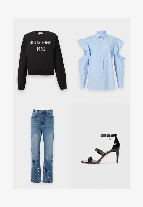 Sort Moschino-sweatshirt med ribstrikkede manchetter og kant, med hvidt stencil-tekst "MOSCHINO 1983" på forsiden.; Lyseblå bluse med knapper, spids krave og lange ærmer med udskårne skuldre og flæsedetaljer.; Blå denimjeans med høj talje, lige pasform, prydet med hvide perler samt freds- og hjerte-symboler nær kanten.; Sorte patenterede lædersandaler med tre stropper, ankelspænde og 10 cm stiletthæl. Har detaljer i guld og et logo charms.