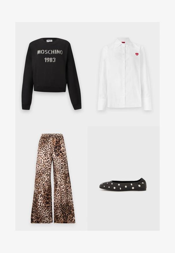 Μαύρο φούτερ Moschino με ριμπ μανσέτες και τελείωμα, με άσπρο κείμενο "MOSCHINO 1983" σε στυλ στένσιλ στο μπροστινό μέρος.; Λευκό πουκάμισο με κουμπιά, μακριά μανίκια, κλασικό γιακά και κόκκινο λογότυπο με καρδιά στο αριστερό μέρος του στήθους. Λεία υφή και εφαρμοστή γραμμή.; Παντελόνια με φαρδύ πόδι και ρυθμιζόμενο ζωνάκι, με καφέ και μαύρο μοτίβο λεοπάρ σε μπεζ φόντο.; Μαύρη μπαλαρίνα με ελαστικό πίσω μέρος και διάσπαρτα μεγάλα ασημένια στρογγυλά καρφιά στην επάνω πλευρά, εμφανίζεται σε προφίλ σε λευκό φόντο.