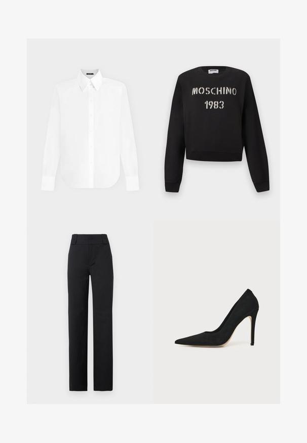 Μαύρο φούτερ Moschino με ριμπ μανσέτες και τελείωμα, με άσπρο κείμενο "MOSCHINO 1983" σε στυλ στένσιλ στο μπροστινό μέρος.; Λευκό πουκάμισο με μακριά μανίκια και κουμπιά, με μυτερό γιακά και μανσέτες, εμφανίζεται σε απλό φωτεινό γκρι φόντο.; Μαύρο παντελόνι με ίσια γραμμή, ψηλή μέση, φαρδιές θηλιές για ζώνη, εμπρόσθιο φερμουάρ και εφαρμοστή γραμμή, κατάλληλο για επίσημες ή γραφειακές εμφανίσεις.; Μαύρη γόβα στιλέτο με ψηλό τακούνι, μυτερή μύτη και λεία υφή, εμφανίζεται από το πλάι σε ένα απλό ανοιχτό φόντο.