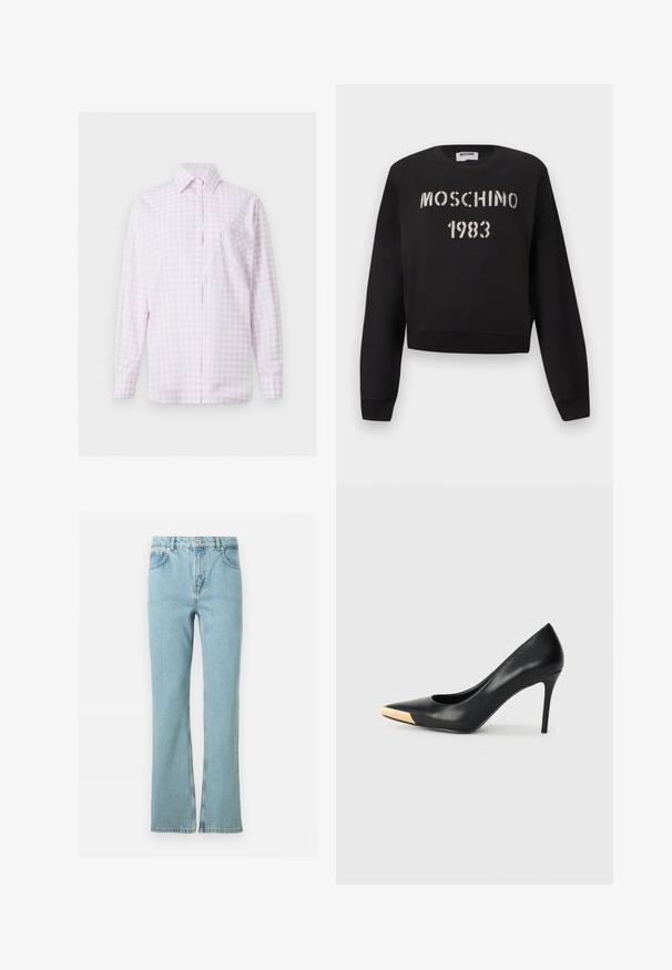 Sweatshirt Moschino noire avec poignets et ourlet côtelés, présentant un texte blanc au pochoir "MOSCHINO 1983" sur le devant.; Chemise à manches longues à carreaux rose clair et blanc, boutonnée sur le devant, avec col pointu et poche en forme de cœur cousue sur la poitrine gauche.; Jean denim bleu clair à jambes droites avec bouton frontal, fermeture éclair, passants pour ceinture et style à cinq poches sur fond blanc.; Pompe à talon haut en cuir noir avec bout pointu ; présente une accentuation métallique dorée sur le capuchon. Surface lisse avec un design épuré.