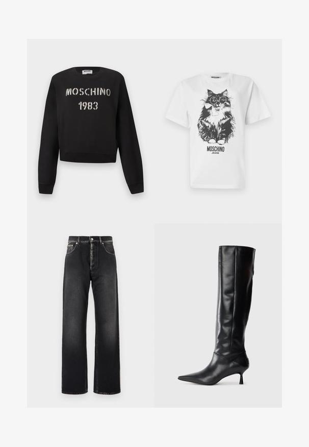 Sudadera negra de Moschino con puños y dobladillo acanalados, con texto blanco en estilo plantilla "MOSCHINO 1983" en el frente.; Camiseta blanca con gráfico negro de un gato esponjoso que lleva gafas redondas y un lazo, con el texto "MOSCHINO JEANS" abajo.; Vaqueros negros de corte recto con ligero desgaste, diseño de cinco bolsillos y cierre de botón sobre un fondo blanco liso.; Bota de cuero negra hasta la rodilla con punta afilada y tacón delgado curvado. Textura suave, diseño ajustado y sin hardware ni patrones visibles.