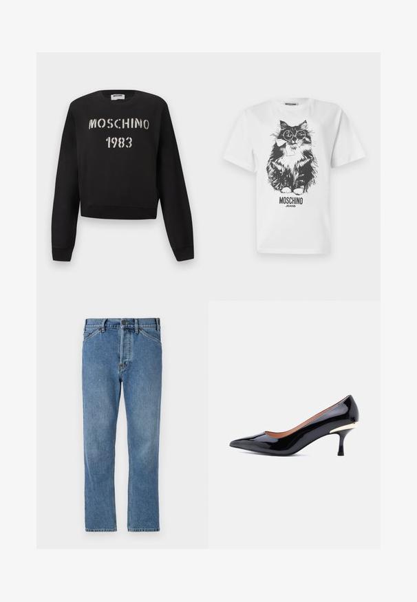Čierna mikina Moschino s rebrovanými manžetami a lemom, s bielym nápisom „MOSCHINO 1983“ v šablónovom štýle na prednej strane.; Biele tričko s čiernym grafickým motívom nadýchané mačky so zaoblenými okuliarmi a mašľou, pod ktorou je nápis "MOSCHINO JEANS".; Svetlo modré džínsy s rovnými nohavicami, vybavené zipsom, piatimi vreckami a jemnými švovými detailami. Bez ozdôb alebo vzorov.; Čierna topánka na nízkom podpätku z lesklej kože s špicatou špičkou a zlatým detailom na zadnej časti podpätku, zobrazená na bielom pozadí.