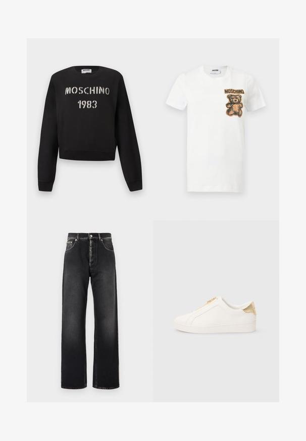 Sort Moschino-sweatshirt med ribstrikkede manchetter og kant, med hvidt stencil-tekst "MOSCHINO 1983" på forsiden.; Hvid t-shirt med korte ærmer med en bamse-grafik og teksten "MOSCHINO" i brun på øverste venstre brystside.; Sorte jeans med lige ben, let ældede, femlommedesign og knaplukning på en ensfarvet hvid baggrund.; Hvide slip-on sneakers lavet af glat læder med en guldfarvet lynlås og detalje nær hælen med en struktureret finish samt logo præget på siden.