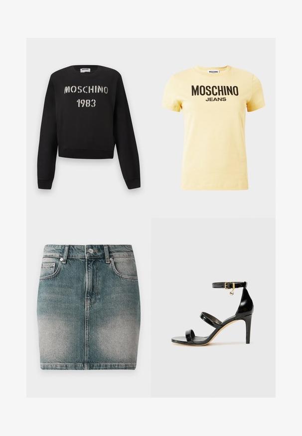 Sort Moschino-sweatshirt med ribstrikkede manchetter og kant, med hvidt stencil-tekst "MOSCHINO 1983" på forsiden.; Lysegul kortærmet T-shirt med sort "MOSCHINO JEANS" logo tekst centreret på forsiden mod en ensfarvet baggrund.; Blå denim mini nederdel med frontknap og lynlås, to forlommer og falmede detaljer på lårene.; Sorte patenterede lædersandaler med tre stropper, ankelspænde og 10 cm stiletthæl. Har detaljer i guld og et logo charms.