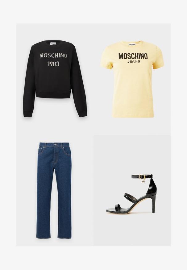 Musta Moschino-collegepaita, jossa on resorit hihansuissa ja helmassa, sekä valkoinen sapluunatyyppinen "MOSCHINO 1983" -teksti edessä.; Vaaleankeltainen lyhythihainen t-paita, jossa musta "MOSCHINO JEANS" -logoteksti keskitettynä etuosaan yksinkertaisella taustalla.; Suorat tummansiniset farkut, joissa on etu- ja takataskut, vyölenkit, nappisulku ja näkyvä oranssi ompelu.; Musta patentoitu nahkasandaali, jossa on kolme hihnaa, nilkkasolki ja 4 tuuman stiletto-korko. Varustettu kultaisilla yksityiskohdilla ja logokoristeella.