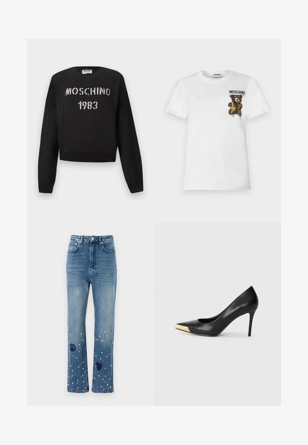 Čierna mikina Moschino s rebrovanými manžetami a lemom, s bielym nápisom „MOSCHINO 1983“ v šablónovom štýle na prednej strane.; Biele tričko s krátkym rukávom s malým hnedým plyšovým medvedíkom zabaleným v žltej krajčírskej páske a textom "MOSCHINO" na hornej ľavej časti hrudníka.; Modré džínsy s vysokým pásom, rovného strihu, zdobené bielymi perličkami a symbolmi mieru a srdca blízko lemu.; Čierny kožený lodičkový topánok na vysokom opätku s špicatou špičkou; zdobený kovovým zlatým akcentom na špičke. Hladký povrch s elegantným dizajnom.