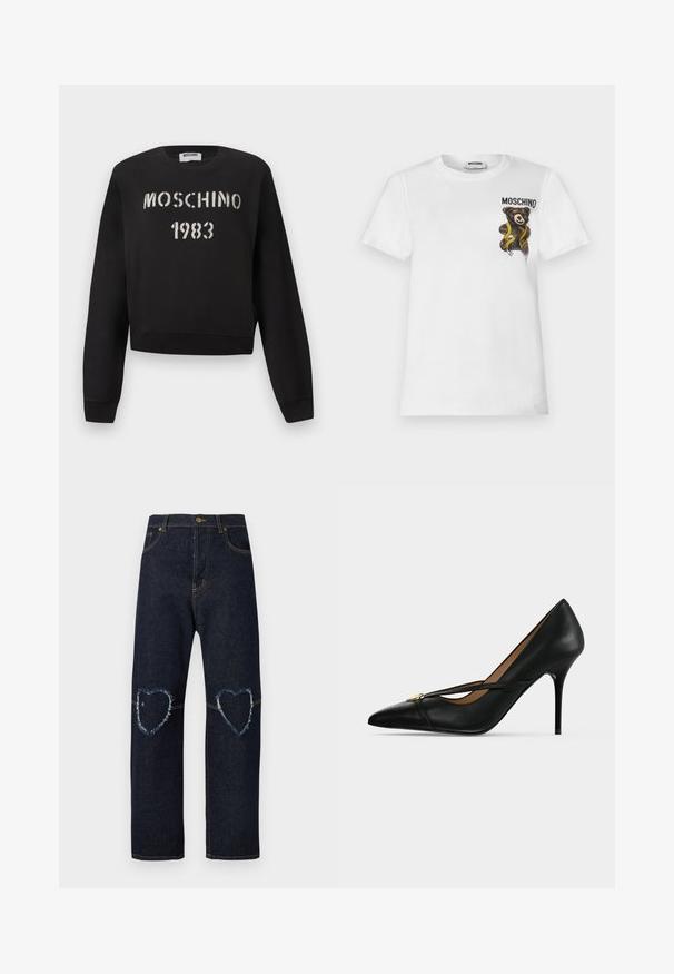 Sweatshirt Moschino noire avec poignets et ourlet côtelés, présentant un texte blanc au pochoir "MOSCHINO 1983" sur le devant.; T-shirt blanc à manches courtes avec un petit ours en peluche marron enveloppé dans un ruban à mesurer jaune et le texte "MOSCHINO" sur la partie supérieure gauche de la poitrine.; Jean en denim bleu foncé avec jambes droites et patchs en forme de cœur usés sur les deux genoux.; Chaussure à talon haut en cuir noir avec bout pointu et fine bride sur le dessus, maintenue par une petite boucle dorée sur un fond uni.