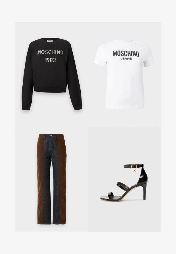 Sort Moschino-sweatshirt med ribstrikkede manchetter og kant, med hvidt stencil-tekst "MOSCHINO 1983" på forsiden.; Hvid t-shirt med korte ærmer og sort tekst "MOSCHINO JEANS" trykt hen over brystet, vist på en ensfarvet baggrund.; Corduroy- og denimbukser med lodret panelering i mørkebrun og navy blå, med lige pasform og standard fem-lomme design.; Sorte patenterede lædersandaler med tre stropper, ankelspænde og 10 cm stiletthæl. Har detaljer i guld og et logo charms.