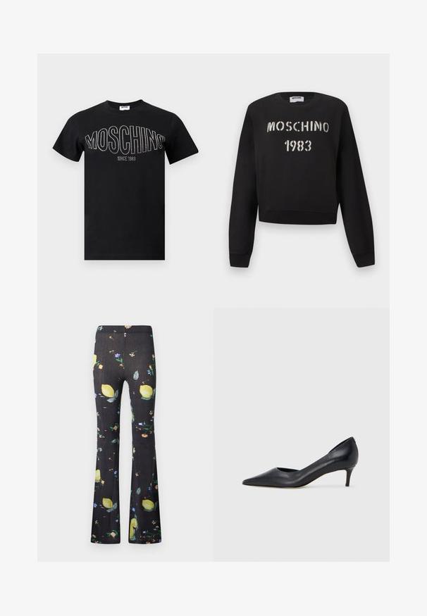 Sweatshirt Moschino noire avec poignets et ourlet côtelés, présentant un texte blanc au pochoir "MOSCHINO 1983" sur le devant.; T-shirt en coton noir avec un col rond et des manches courtes. "MOSCHINO" en strass sur la poitrine, avec "SINCE 1983" en dessous.; Pantalon noir évasé avec un motif coloré de citrons et de petites fleurs dispersé sur tout le tissu.; Escarpin en cuir noir avec un bout pointu et un talon bas. Présente une texture lisse et un éclat subtil. Découpe ouverte à l'avant pour un détail supplémentaire.