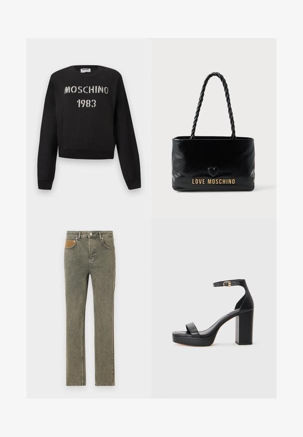 Sort Moschino-sweatshirt med ribstrikkede manchetter og kant, med hvidt stencil-tekst "MOSCHINO 1983" på forsiden.; Grønne denimjeans med lige ben, der har en brun corduroy-lomme som accent og subtilt slid på hele stoffet.; Sorte platform sandaler med en tykk blokhæl, glat lædermateriale, åbent tådesign og en ankelrem med en guldspænde detalje.; Sort Moschino håndtaske med snoede rebhåndtag og et lille hjerte over mærkenavnet foran.