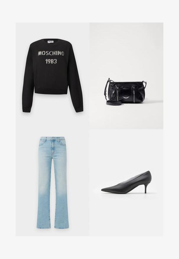 Μαύρο φούτερ Moschino με ριμπ μανσέτες και τελείωμα, με άσπρο κείμενο "MOSCHINO 1983" σε στυλ στένσιλ στο μπροστινό μέρος.; Ανοιχτό μπλε τζιν παντελόνι σε καμπάνα, κατασκευασμένο από τζιν ύφασμα, με ψηλή μέση, πέντε τσέπες και ξεθωριασμένη εμφάνιση για vintage αποτέλεσμα.; Μαύρο ψηλοτάκουνο παπούτσι με μυτερή μύτη, κατασκευασμένο από λεία δέρμα. Διαθέτει λεπτό τακούνι και μινιμαλιστικό σχέδιο χωρίς ορατές διακοσμήσεις.; Μαύρη ψεύτικη δερμάτινη τσάντα χιαστί με φερμουάρ, διακοσμητικό ασημένιο έμβλημα και ρυθμιζόμενο λουράκι. Γυαλιστερή υφή και συμπαγές σχήμα.