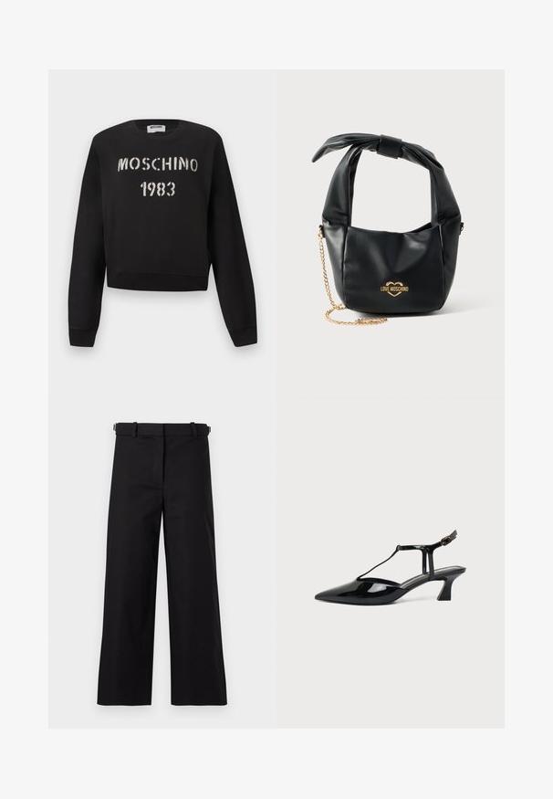 Schwarzer Moschino-Sweatshirt mit gerippten Bündchen und Saum, vorne mit weißem Schablonen-Stil "MOSCHINO 1983" Schriftzug.; Schwarze weit geschnittene Hosen aus Baumwollstoff, ausgestattet mit einem Gürtel und einer glatten Textur, mit einem schlichten Frontdesign und ohne sichtbare Muster.; Schwarzer Slipper aus Lackleder mit spitz zulaufender Kappe, T-Riemen und niedrigem, schrägem Blockabsatz vor weißem Hintergrund.; Schwarze weiche Lederhandtasche von Love Moschino mit geknotetem Griff und goldenem Kettenriemen auf weißem Hintergrund.