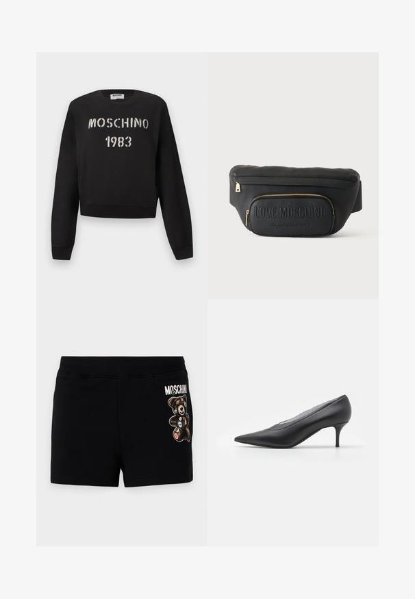 Čierna mikina Moschino s rebrovanými manžetami a lemom, s bielym nápisom „MOSCHINO 1983“ v šablónovom štýle na prednej strane.; Čierne bavlnené šortky so grafikou medveďa s farebnými záplatami. Pás je elastický pre pohodlie a neformálne nosenie.; Čierna lodička s ostrou špičkou, vyrobená z hladkej kože. Má štíhlý opätok a minimalistický dizajn bez viditeľných ozdôb.; Čierna Moschino ľadvinka s opaskom, zlatými zipsami a vyrazeným logom s nápisom "LOVE MOSCHINO Made with love" na prednom vrecku.