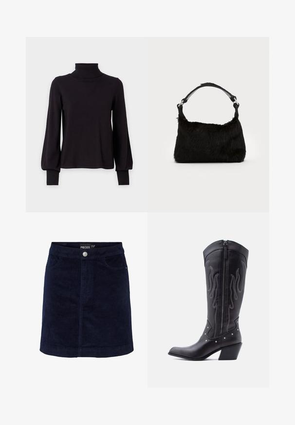 VILA VIAMANDA TURTLE NECK - Jersey de punto - black; Minifalda de pana en color náutico con una ligera forma de A, que cuenta con un cierre de botones en la parte delantera y dos bolsillos delanteros. Textura suave con nervios visibles.; Botas vaqueras de cuero negro con puntera puntiaguda, costuras visibles, detalles de tachuelas plateadas y cierre de cremallera en el lado interior.; Bolso de mano de piel sintética negra con una textura suave, forma redondeada y una resistente correa de cuero negro para el hombro. Acentos de herrajes plateados visibles.