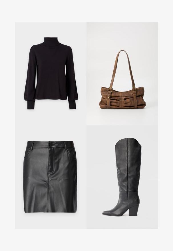 VILA VIAMANDA TURTLE NECK - Svetrík - black; Čierna kožená sukňa s hladkou textúrou, s priliehavým strihom, prednými vreckami a jediným gombíkom na zapínanie v oblasti pásu.; Čierne kožené vysoké čižmy po kolená s ostrou špičkou a masívnym opätkom. Dizajn sa vyznačuje hladkou textúrou a minimalistickými líniami.; Even&Odd Kabelka - brown